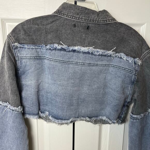 Pretty Little Thing Double Layered Denim Cropped Jacket Washed Grey Light Blue 6 - Picture 8 of 9
